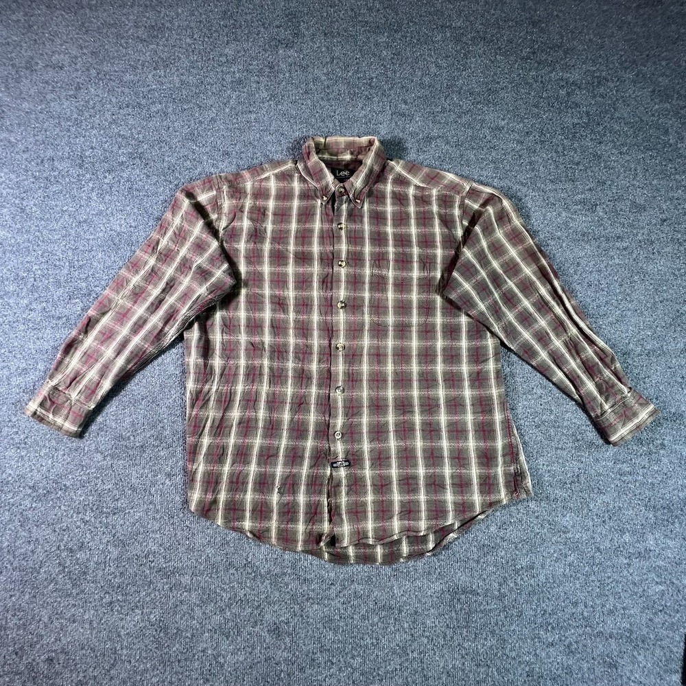 VTG Lee Flannel Shirt Men Large Brown Red Plaid 100% Cotton Button Front Western